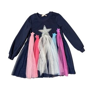 NWOT Baby Sara Size 6 Navy Blue Long Sleeve Star Tulle Dress Silver 3D Pink